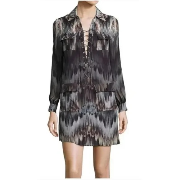 Haute Hippie Feather Print Lace Up Mini Dress 4 Boho Silky Designer Night Out - Picture 1 of 16